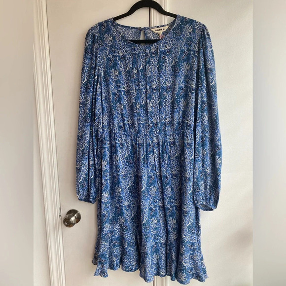 NWT Boden pleated Peplum Blue Print Long Sleeve Mini Dress Size 16-18 - Picture 2 of 11